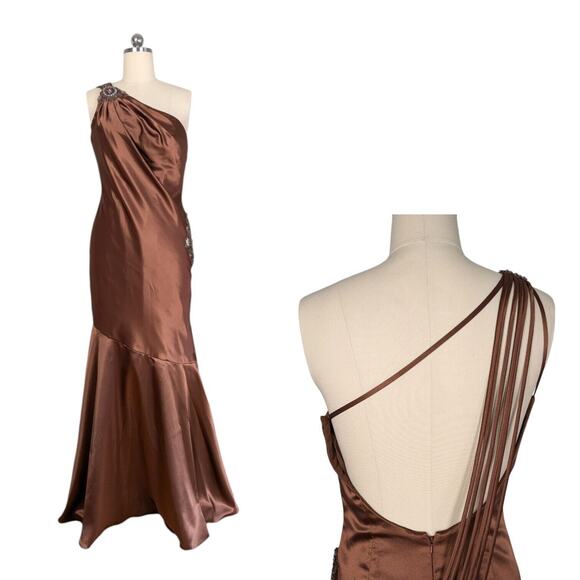 Envi Prom Dresses & Skirts - Prom Dress Maxi Gown 10 Brown Mermaid Satin Beaded Asymmetric Shoulder Glam